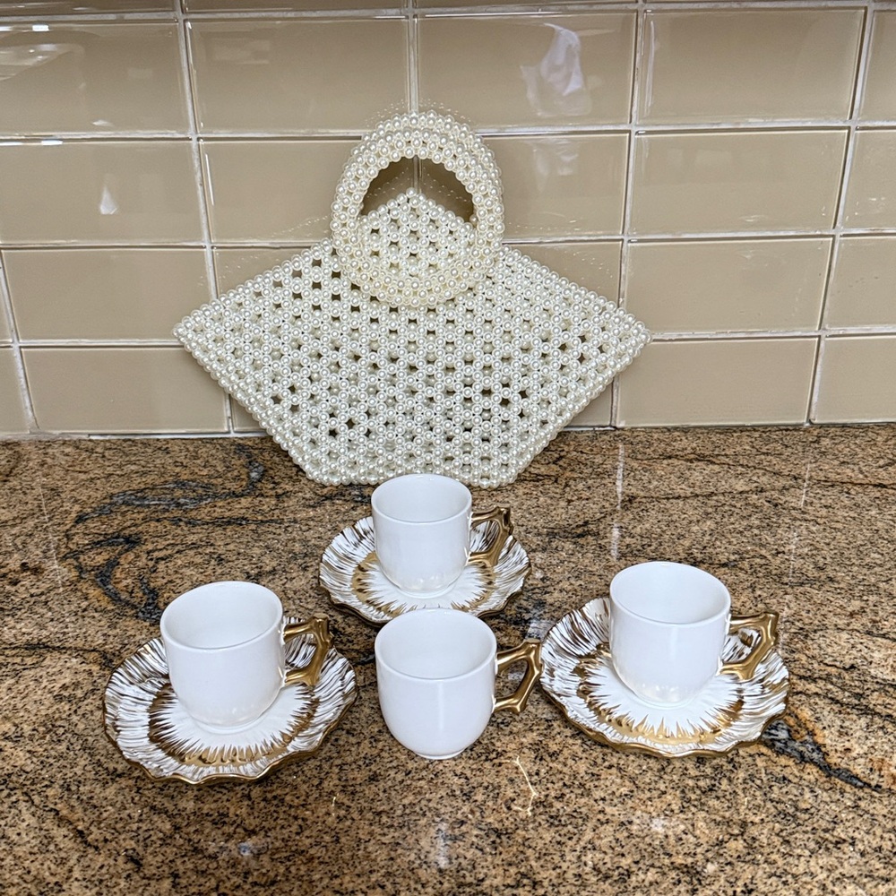 Michael Aram Anemone White & Gold 7 pc Teacup set and Elegant Pearl Handbag - Picture 7 of 8